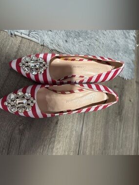 Lauren Lorraine Red & White Striped Crystal-Embellished Pointed Flats